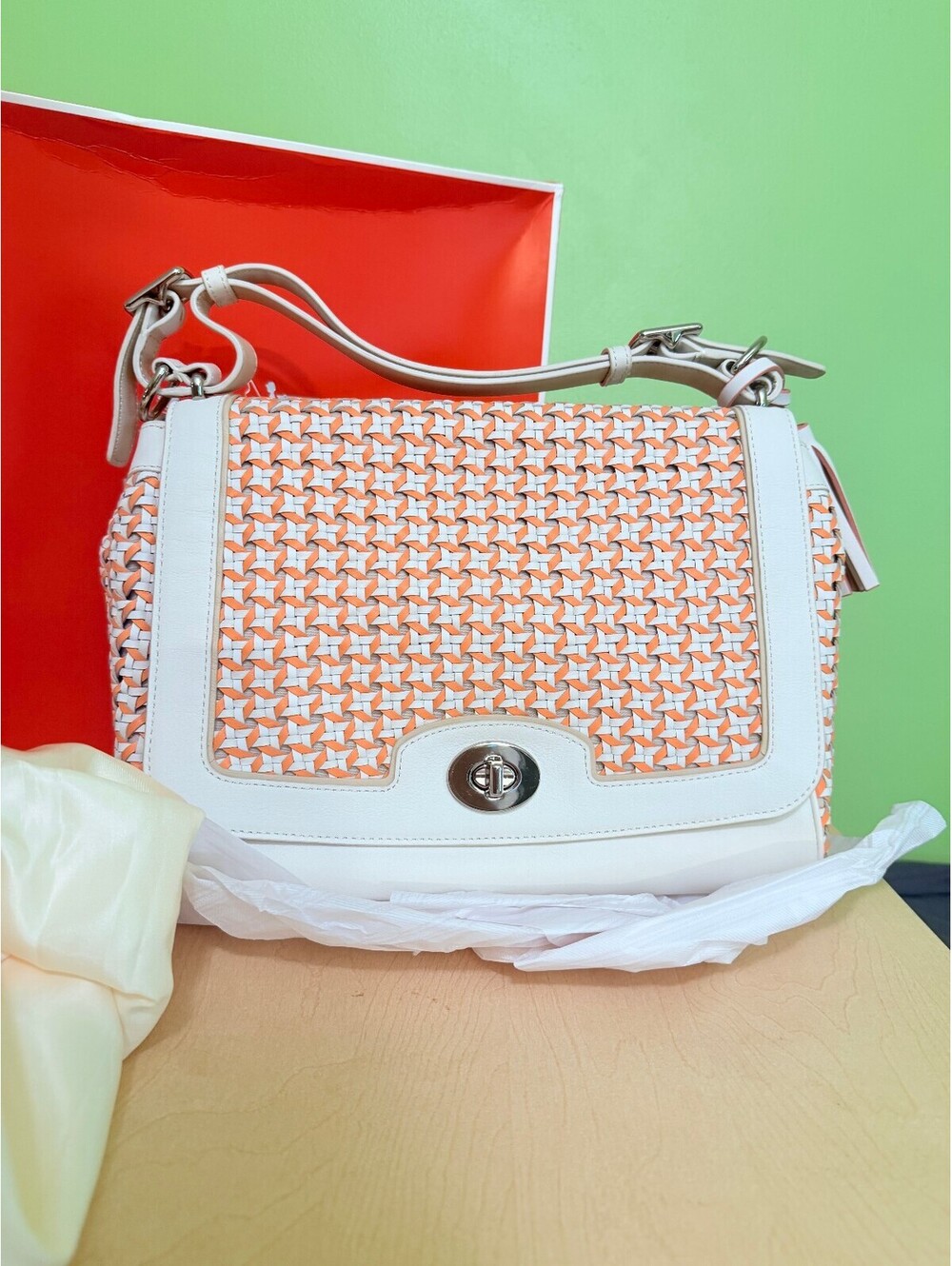 Coach Woven Leather Shoulder Bag in White and Orange